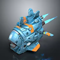 Futuristic Sci-Fi Mechanical Vehicle With Blue Orange Accents Detailed Structure And Thrusters