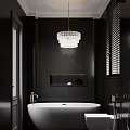 Hotel Bathroom With Dark Walls White Bathtub Crystal Chandelier And Blinds