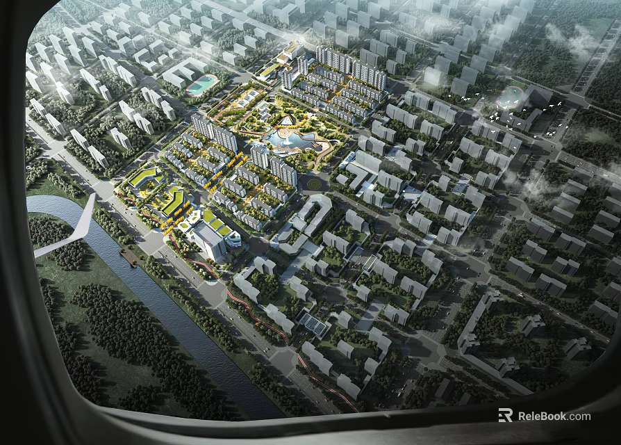 Birds Eye View Planning for Modern Urban Community Featuring Residential Buildings Green Spaces and River 3d model 