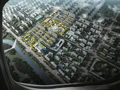 Birds Eye View Planning for Modern Urban Community Featuring Residential Buildings Green Spaces and River 3d model