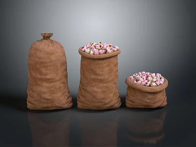 Three Burlap Sacks With Colorful Food Items Inside On Dark Background 3d model