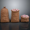 Three Burlap Sacks With Colorful Food Items Inside On Dark Background