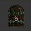 Arched Wooden Door With Intricate Iron Decorations And Metal Door Knocker Classic Architectural Element Design