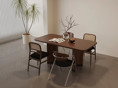 Brown Rectangular Dining Table With Woven Back Chairs Dried Branch Vase And Tall Green Plant 3d model