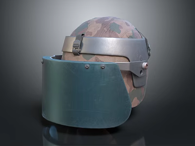 Camouflage Military Helmet With Metal Straps And Green Protective Face Shield 3d model