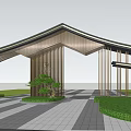 Modern Geometric Entrance Gate With Wooden Structure Green Plants And Paved Ground