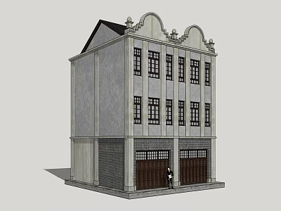 Traditional Commercial Complex With Two Story Gray Facade Arched Details And Wooden Doors 3d model