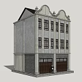 Traditional Commercial Complex With Two Story Gray Facade Arched Details And Wooden Doors