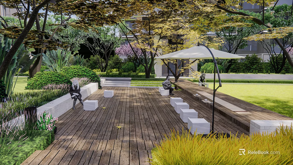 Residential Landscape Featuring Wooden Deck White Umbrella Seats And Green Garden Plants 3d model 