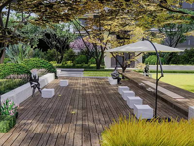 Residential Landscape Featuring Wooden Deck White Umbrella Seats And Green Garden Plants 3d model