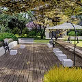 Residential Landscape Featuring Wooden Deck White Umbrella Seats And Green Garden Plants
