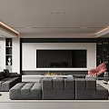 Modern Open Plan Living Dining Space With Grey Sofas Pink Chair Fireplace 3d model