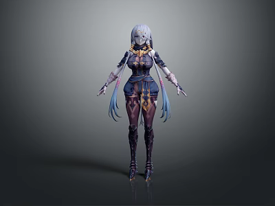 Game and Movie Character with Blue White Hair Dark Outfit Golden Decorations and Long Sleeves 3d model
