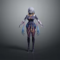 Game and Movie Character with Blue White Hair Dark Outfit Golden Decorations and Long Sleeves