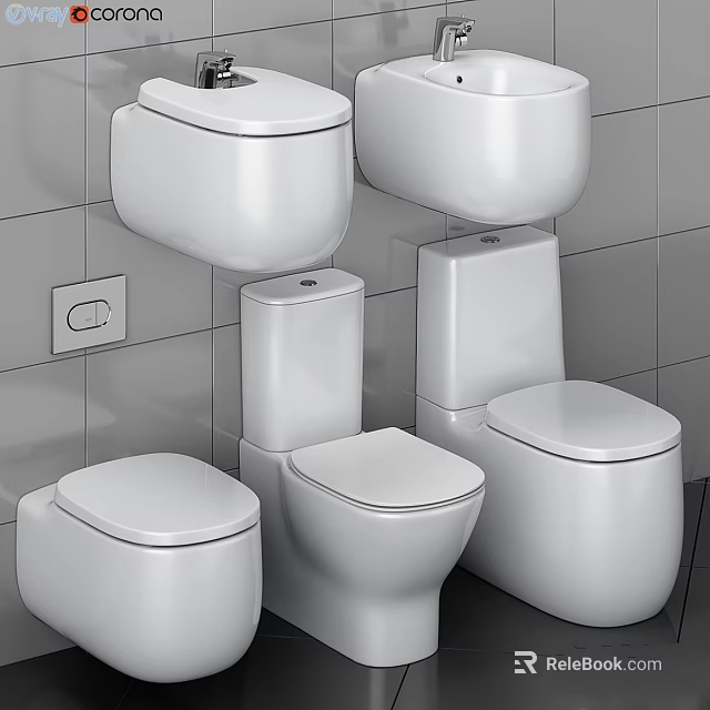 Modern Toilet Collection with Wall Mounted and Floor Standing Models on Tiled Wall 3d model 