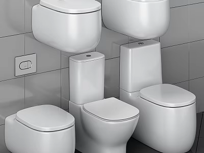 Modern Toilet Collection with Wall Mounted and Floor Standing Models on Tiled Wall 3d model