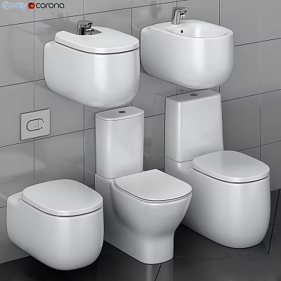 Modern Toilet Collection with Wall Mounted and Floor Standing Models on Tiled Wall 3d model