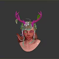 3D Woman Head Sculpture With Deer Antlers Pink Flowers And Green Leaves