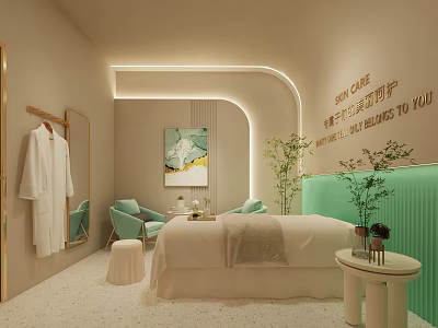 Relaxing SPA Sauna Interior With Comfortable Bed Green Plants White Bathrobe And Soft Lighting 3d model