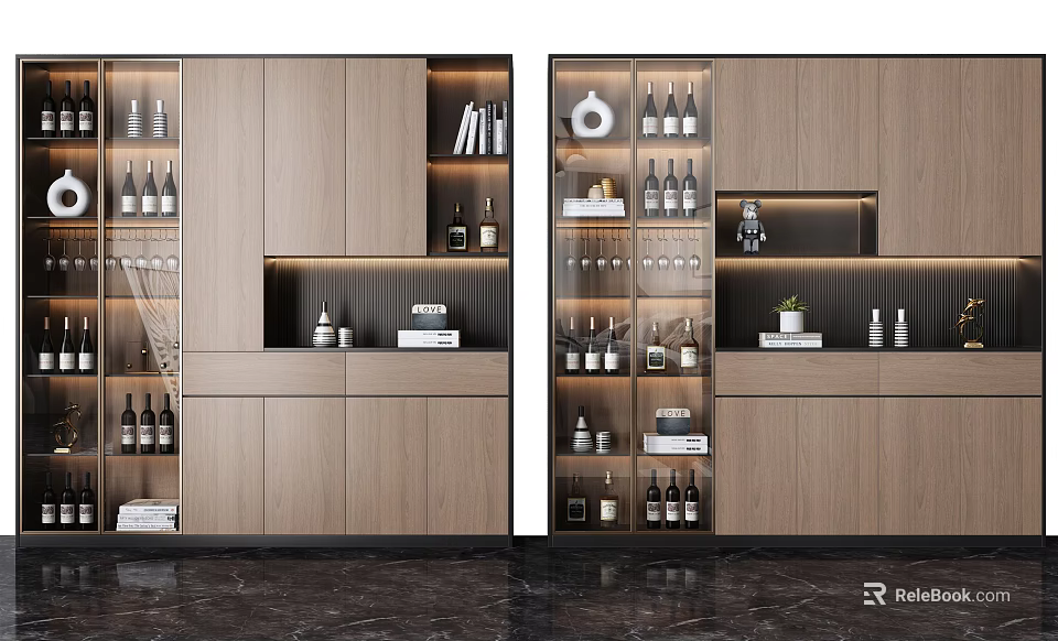 Modern Wooden Wine Cabinet with Layered Shelves Wine Bottles Glassware and Decorative Lighting 3d model 