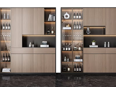 Modern Wooden Wine Cabinet with Layered Shelves Wine Bottles Glassware and Decorative Lighting 3d model