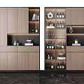 Modern Wooden Wine Cabinet with Layered Shelves Wine Bottles Glassware and Decorative Lighting
