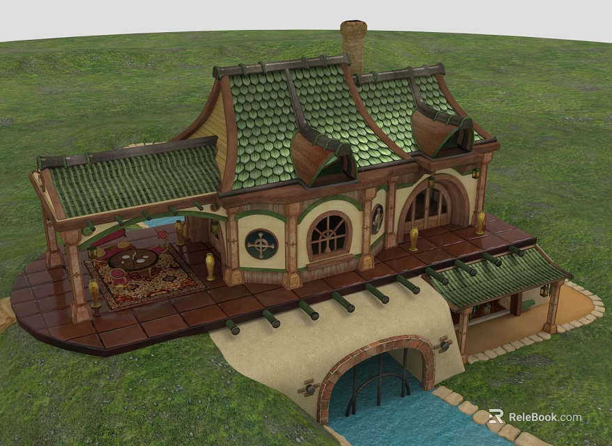 Cartoon House with Green Roof Arched Windows Brown Accents on Grass Platform and Small Stream 3d model 