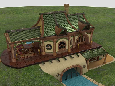 Cartoon House with Green Roof Arched Windows Brown Accents on Grass Platform and Small Stream 3d model