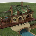 Cartoon House with Green Roof Arched Windows Brown Accents on Grass Platform and Small Stream