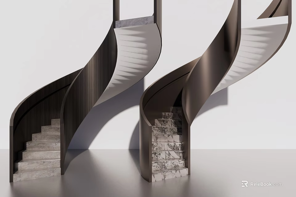 Modern Spiral Staircase Interior Design With Marble Steps And Metal Railings 3d model 