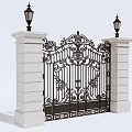 Ornate Iron Gate with White Pillars and Black Lanterns Classic Decorative Design