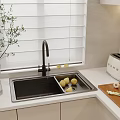 Essential Kitchenware in Modern Kitchen Sink Area with Faucet Lemons Chopping Board Vegetables and Toaster