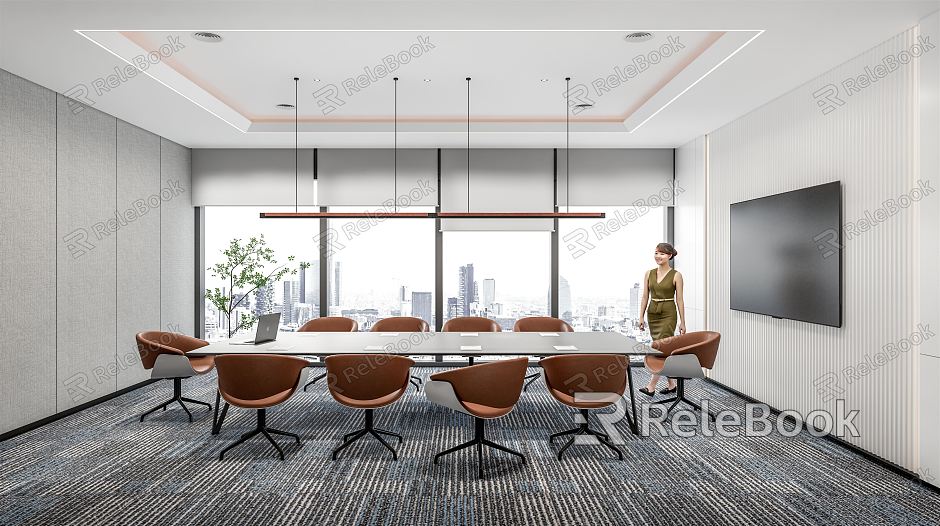 Modern Meeting Room Small Meeting Room Meeting Table and Chair Negotiation Room Chandelier Green Plant Potted Plant Rolling Shutter TV Carpet model