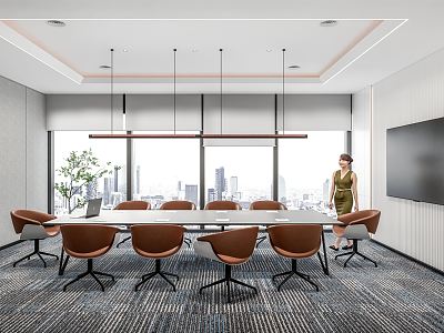 Modern Meeting Room Small Meeting Room Meeting Table and Chair Negotiation Room Chandelier Green Plant Potted Plant Rolling Shutter TV Carpet model