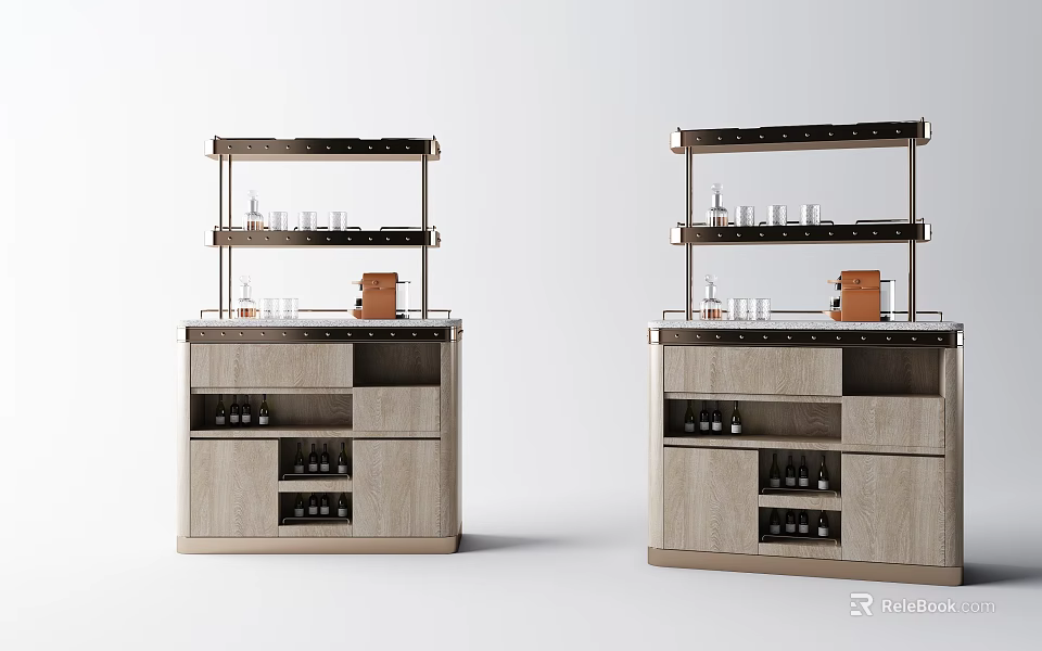 Modern Wooden Storage Cabinet Rack With Multi Layer Glass Shelves For Wine Bottles And Glasses 3d model 