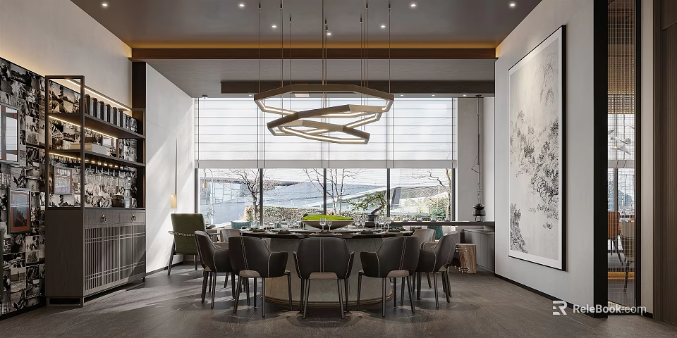 Private Dining Room Interior With Round Table Chairs Circular Pendant Light And Large Windows 3d model