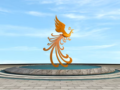 Roadside Landscape Facilities With Orange Phoenix Sculpture Circular Fountain And Stone Pavement 3d model