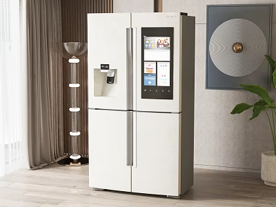 Modern White French Door Refrigerator With Smart Digital Screen And Water Dispenser In Modern Interior 3d model
