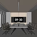 Modern Minimalist Conference Room With Long Table Chairs Large Screen Time Display And Floor-to-Ceiling Windows