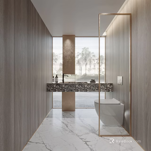 Modern Bathroom With Wooden Walls Marble Countertop Vanity Toilet And Large Window Palm Trees View 3d model 