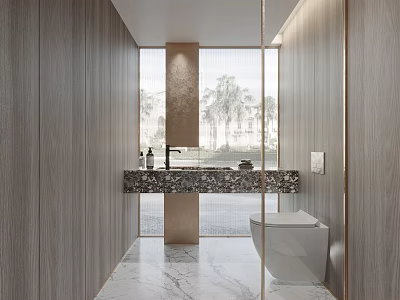 Modern Bathroom With Wooden Walls Marble Countertop Vanity Toilet And Large Window Palm Trees View 3d model