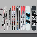 Ski Sports Equipment Including Skis Poles and Bindings in Diverse Styles