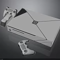 White Modern Game Console With Geometric Lines And Stylish Logo Accompanied By Two Controllers