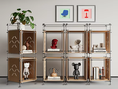 Modern Shelving Unit With Metal Frame Wooden Shelves Decorative Plants Books And Figurines 3d model