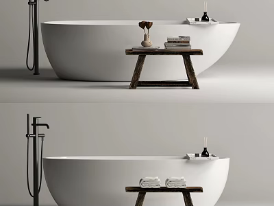 Modern White Freestanding Bathtub With Wooden Stool Towels And Bath Products 3d model