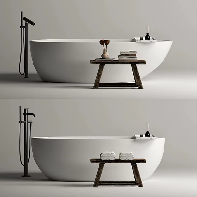 Modern White Freestanding Bathtub With Wooden Stool Towels And Bath Products 3d model