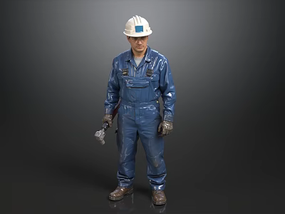 A Man in Blue Coveralls Wearing White Hard Hat Holding Tool Against Dark Background 3d model