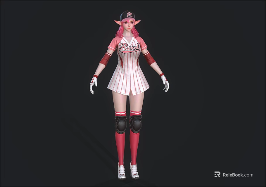 Pink Haired Elf Girl in White Striped Baseball Uniform with Elf Ears and Knee Pads 3d model 