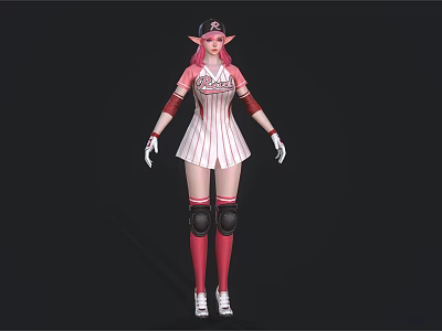 Pink Haired Elf Girl in White Striped Baseball Uniform with Elf Ears and Knee Pads 3d model