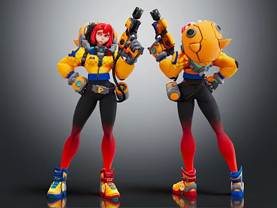 Red Haired Character and Fish Shaped Creature in Vibrant Yellow Blue Outfits Holding Blasters Standing 3d model
